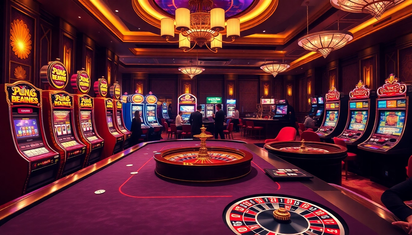 Engage in an exciting game at the win88 casino, showcasing vibrant table games and slot machines.