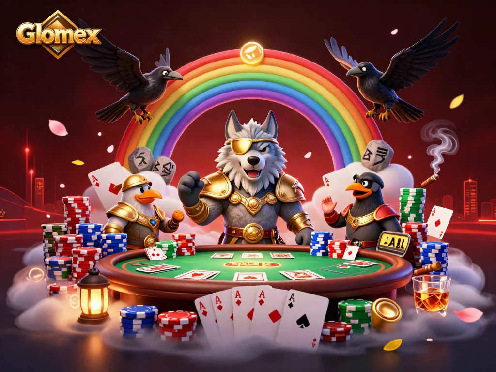 Glomex showcases a thrilling poker showdown in a captivating Norse mythology-themed illustration.