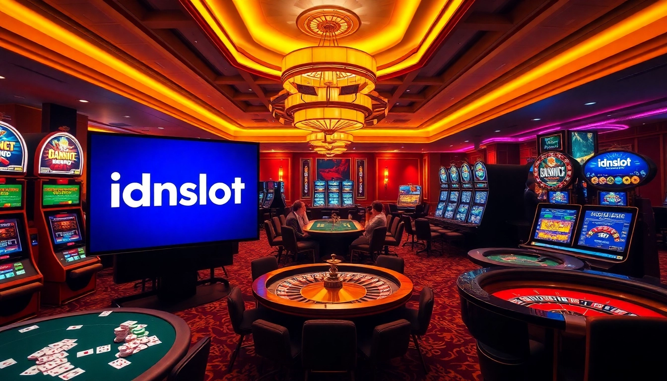 Engaged players enjoy the excitement of idnslot at a luxurious casino, with vibrant slot machines and action-packed tables.
