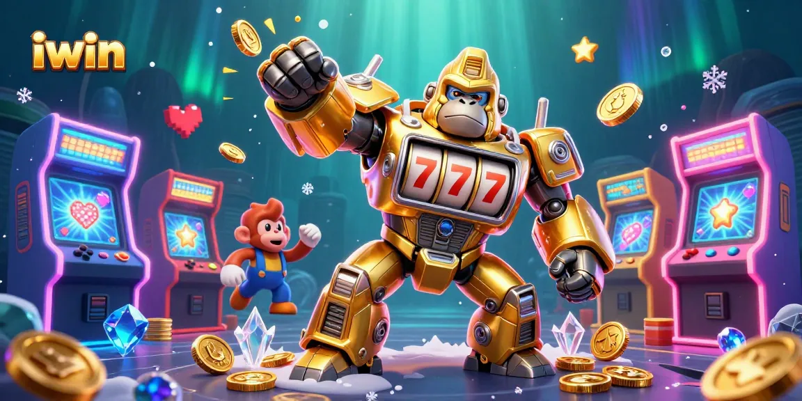 iwin gorilla mech celebrates gaming with casino elements and vibrant arcade energy