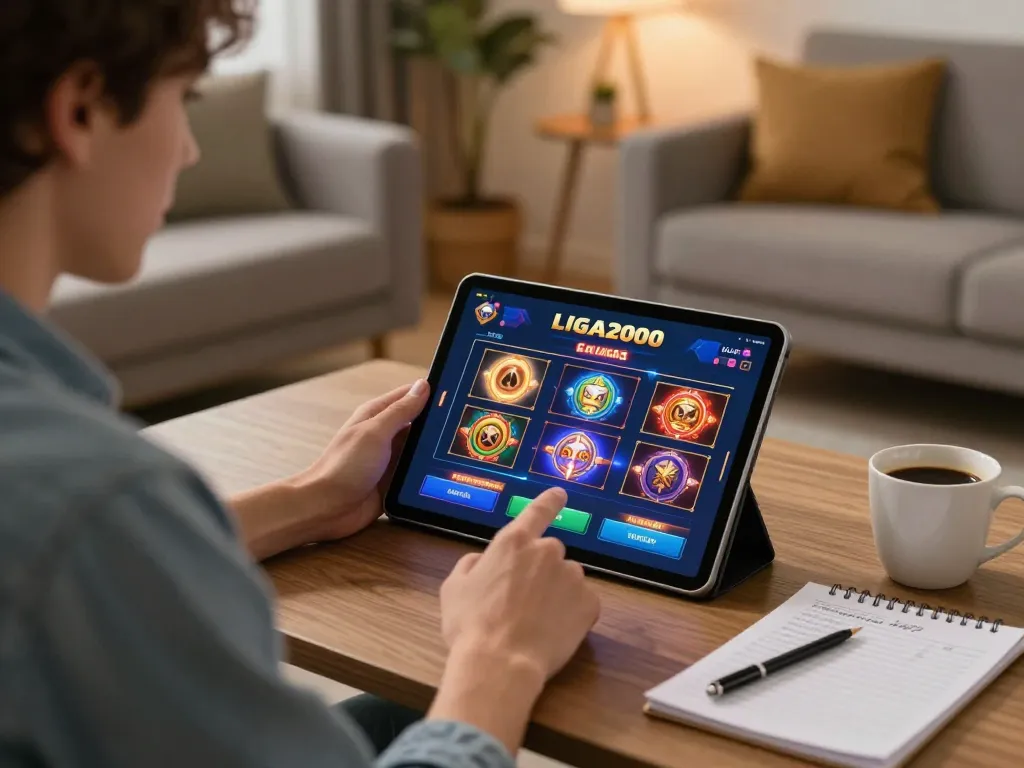 Player enjoying LIGA2000 slot games in a cozy home environment, highlighting responsible gaming.