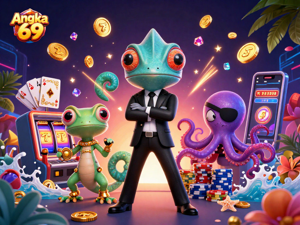 Experience thrilling gameplay at Angka 69 with dynamic slot machine reels and vibrant casino elements.