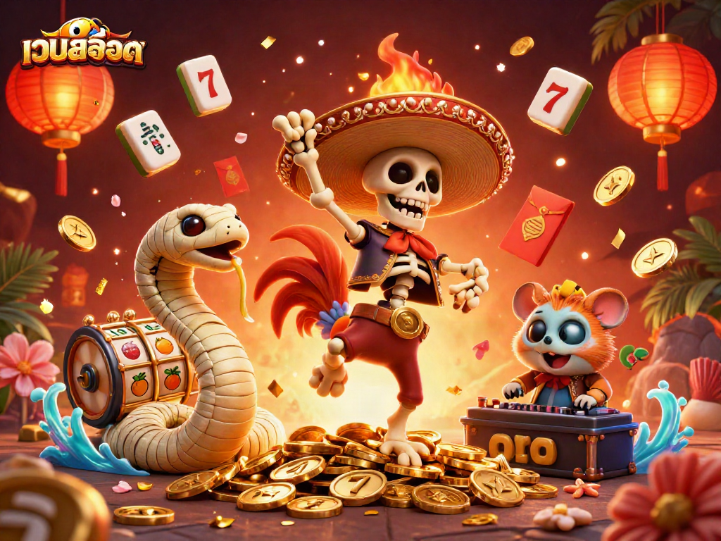 Celebrate big wins with เว็บสล็อต amidst a vibrant casino scene featuring lively characters and dazzling slot reels.