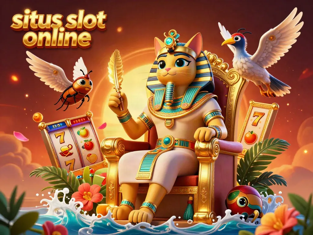 Slot online dengan simbol keberuntungan dan karakter unik dalam ilustrasi kasino yang memikat.