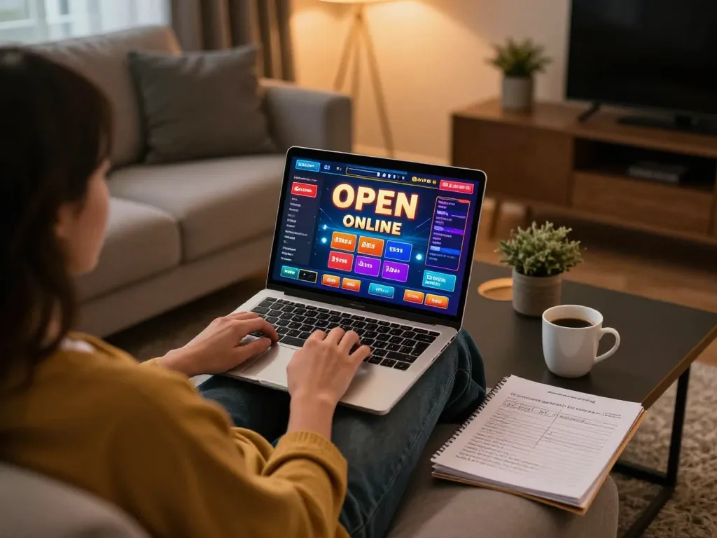 A player enjoys a thrilling open 88 online gaming session from the comfort of home, showcasing strategic gameplay alongside cozy living room ambiance.