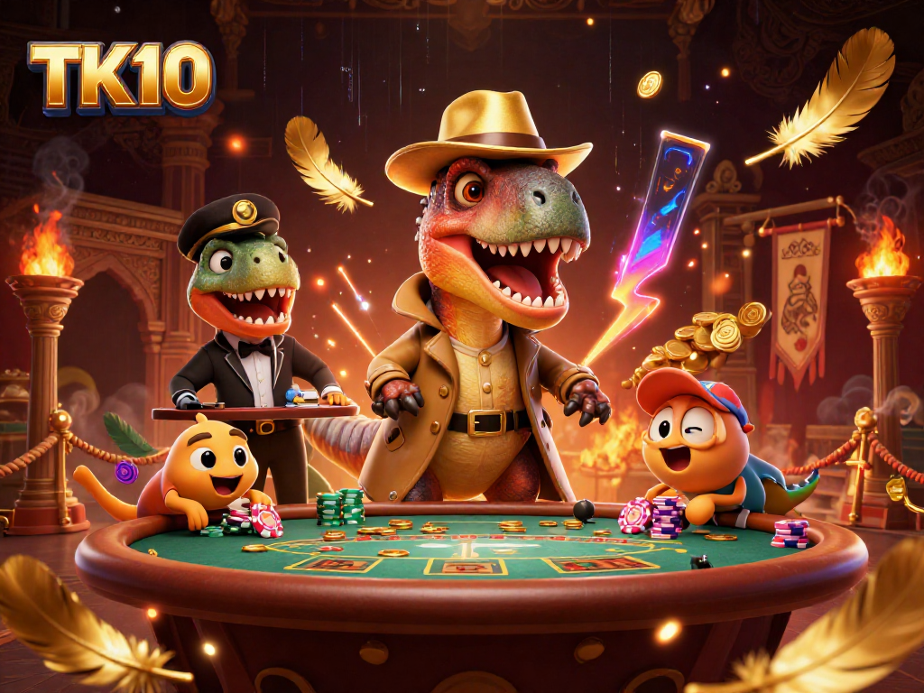 Bet on thrilling games at TK10, where the velociraptor card counter and friends exchange chips.