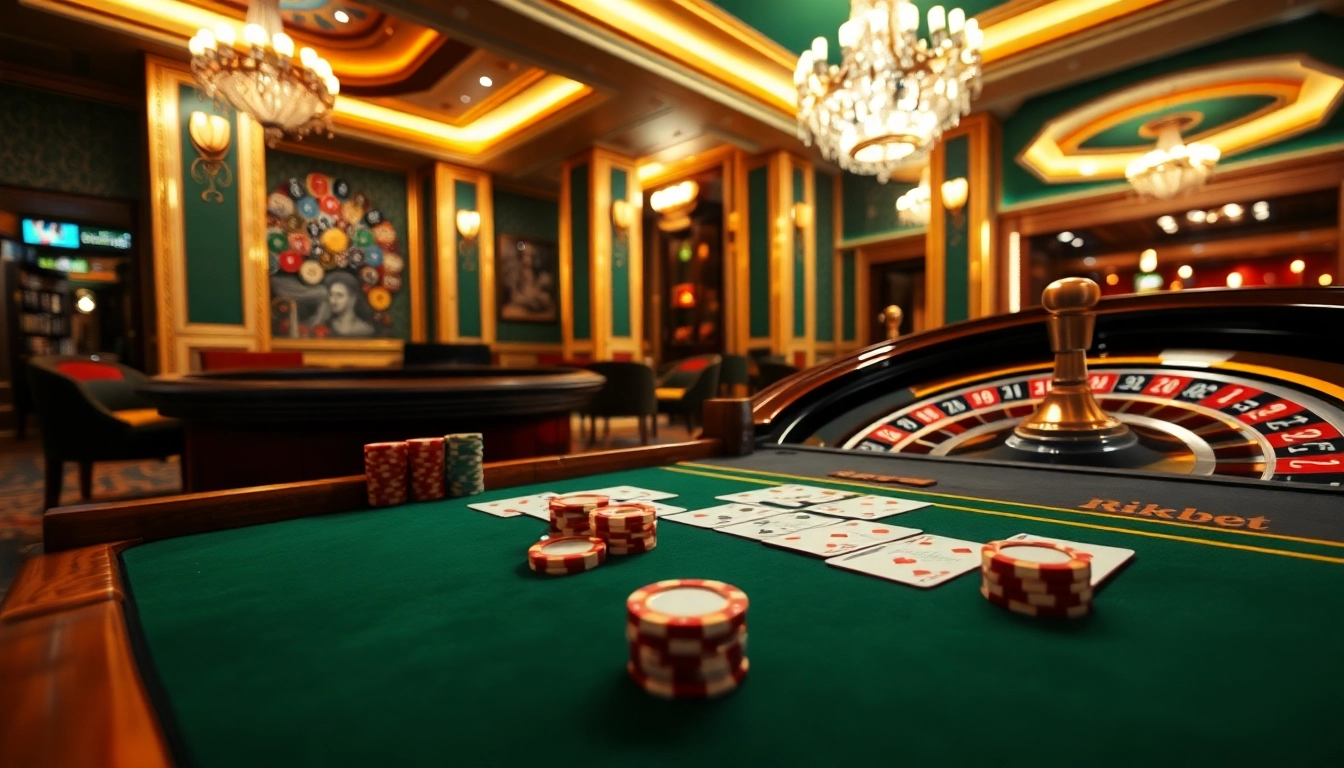 Experience the excitement of gambling at rikbet with vibrant poker chips and cards on a luxurious casino table.