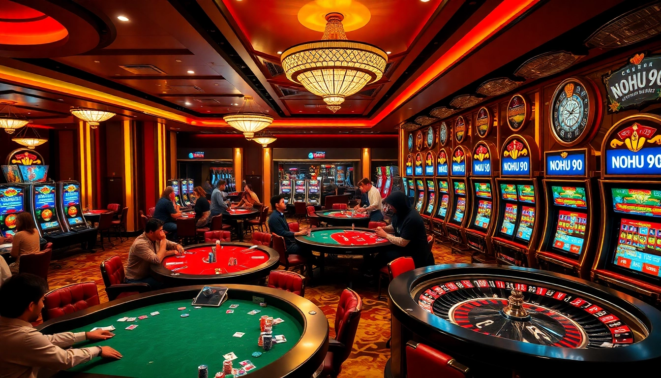 A thrilling poker table at NOHU 90 casino, showcasing colorful chips and excited players.