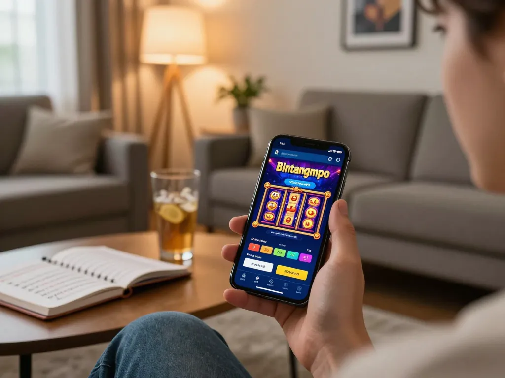 Aplikasi Bintangmpo ditampilkan di layar smartphone saat bermain slot online yang menarik di ruang tamu yang nyaman.