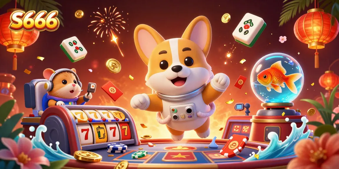 S666 casino illustration showcasing a floating corgi and gaming elements in zero gravity.