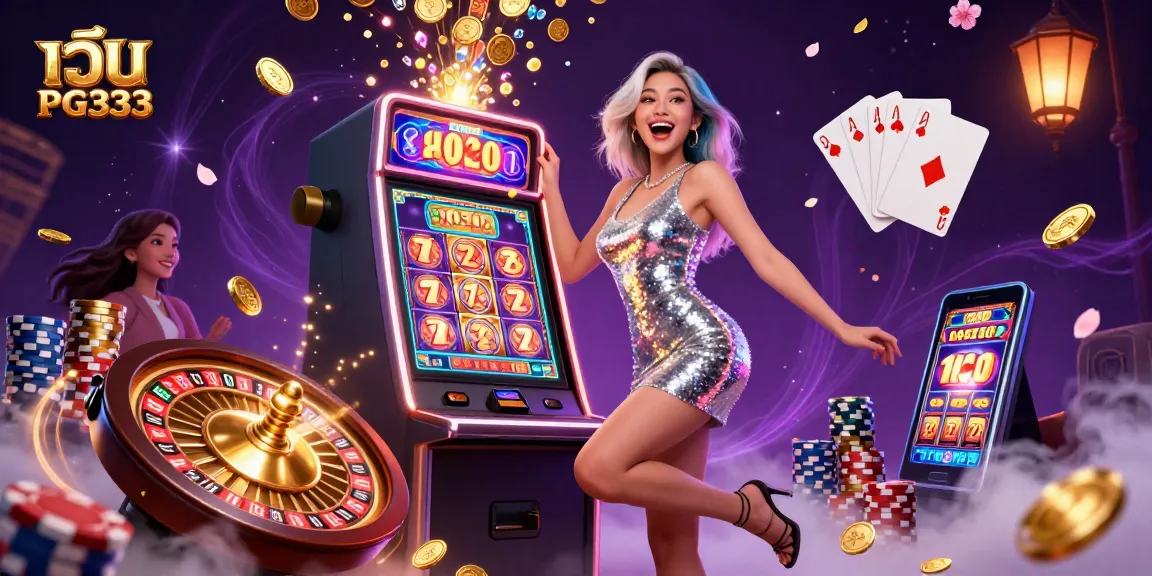 Experience excitement at เว็บ PG333 with a stunning slot machine jackpot celebration in neon-lit casino.