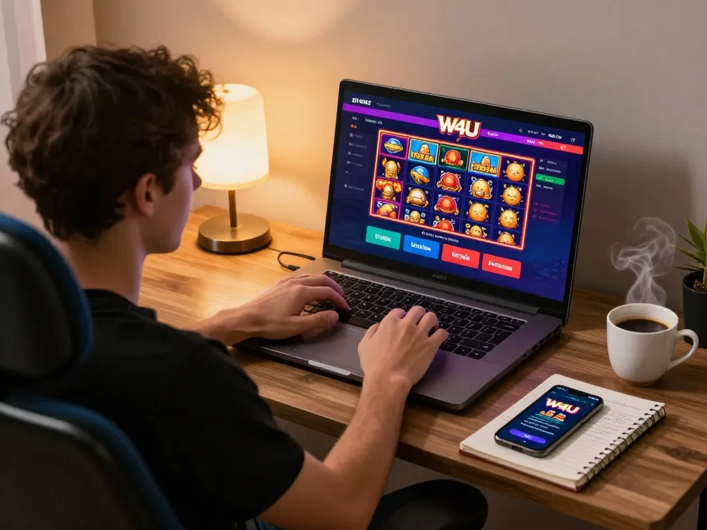 Player immerses in strategic gameplay on the W4U casino app during an evening at home