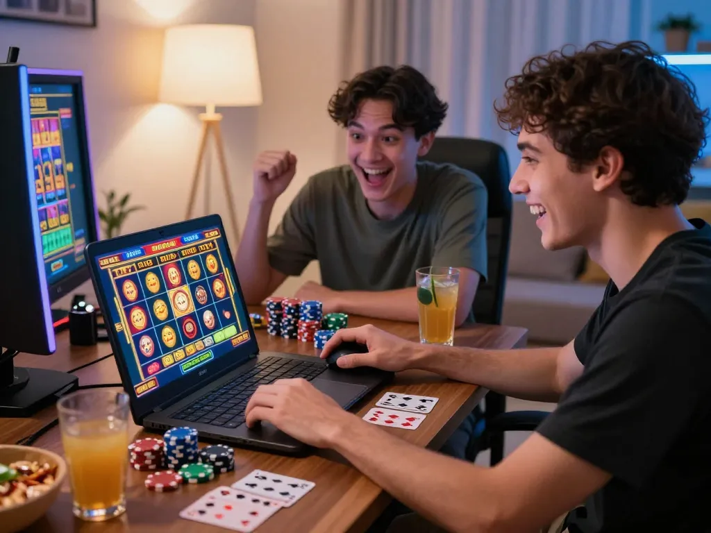 Pemain berinteraksi dengan permainan slot online yang menampilkan link gacor dalam pengaturan permainan di rumah yang cerah
