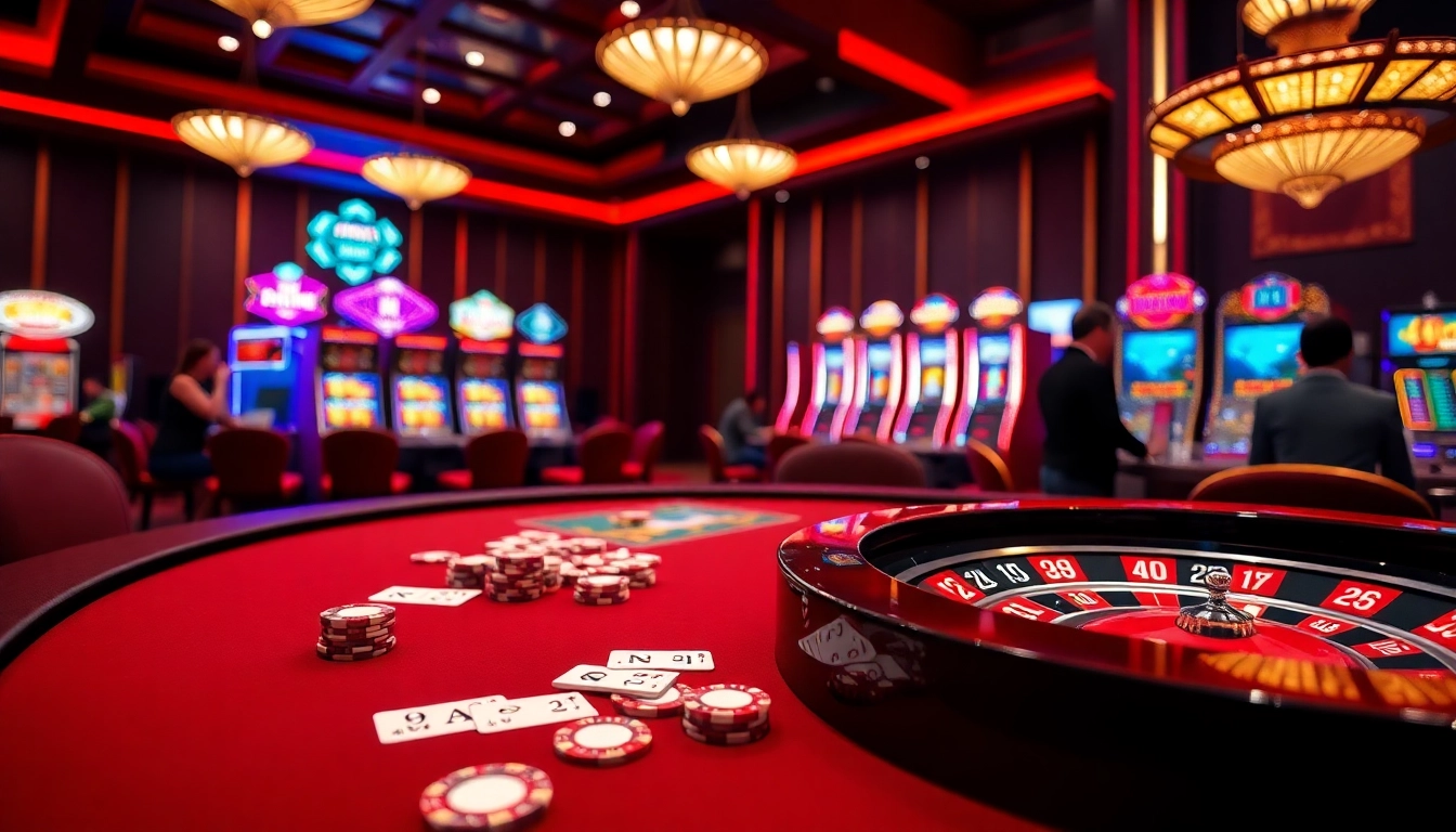 Experience thrilling gameplay at 98win98 with vibrant casino elements featuring poker, roulette, and slot machines.