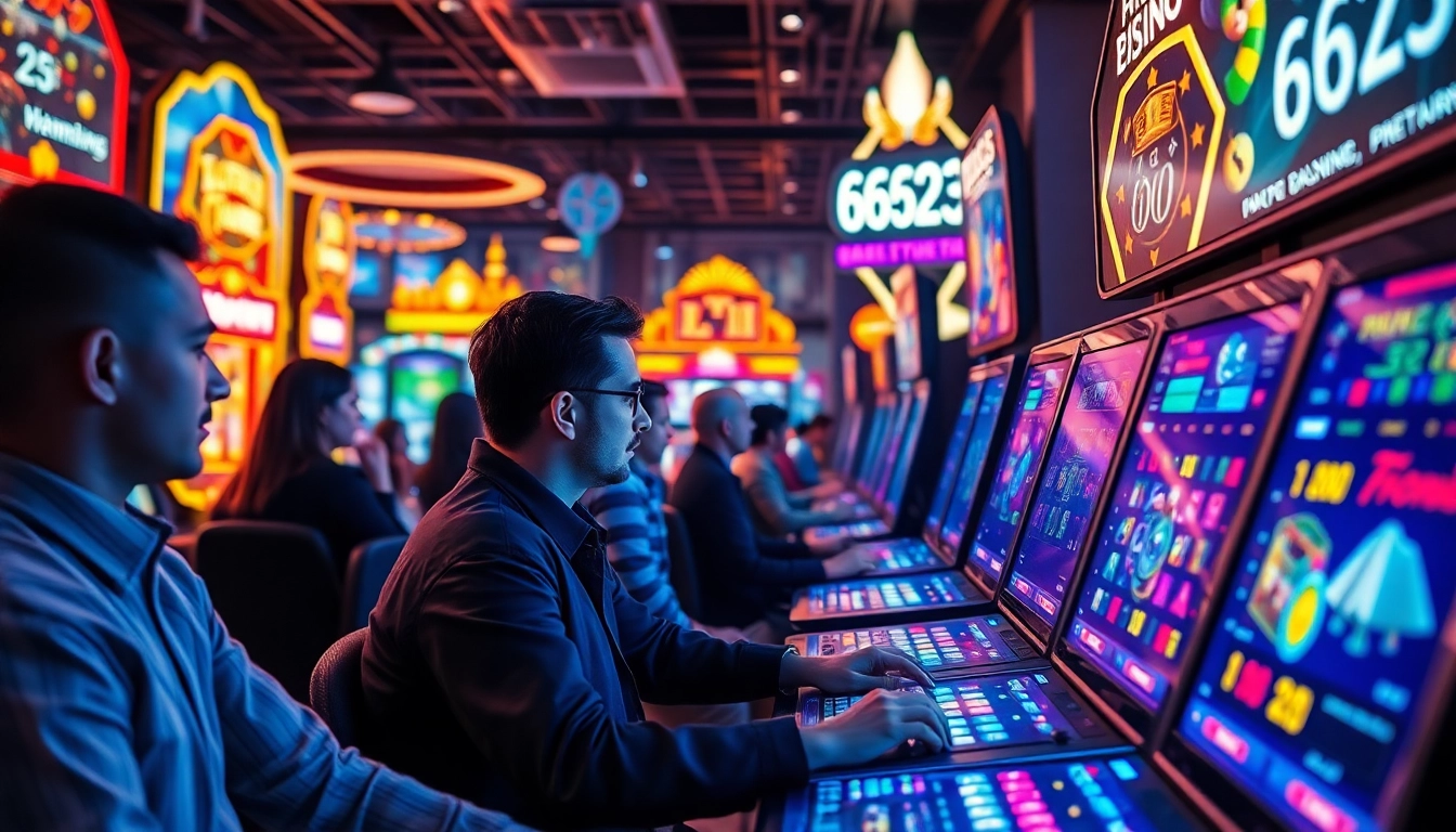 A vibrant online gaming scene featuring 6623 with digital slot machines and engaging players in an exciting casino atmosphere.