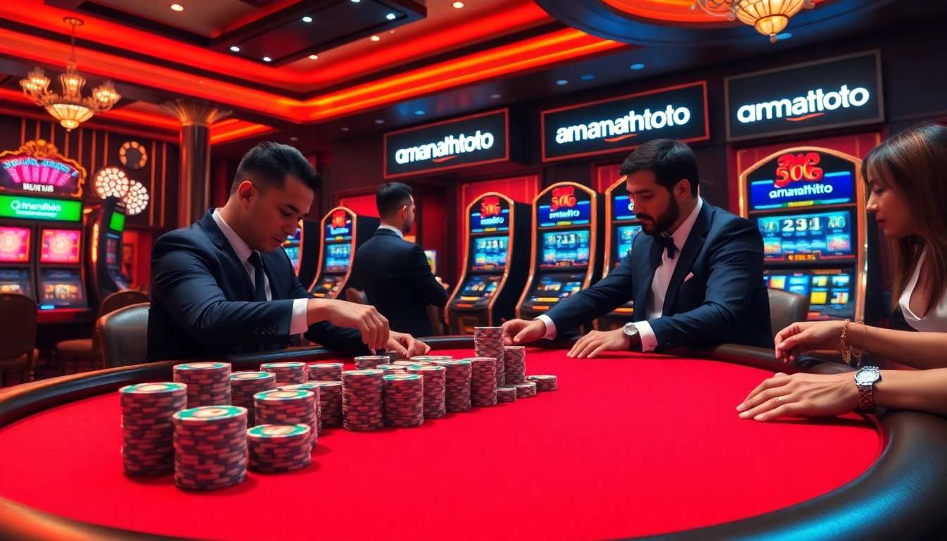 Experience the thrill of amanahtoto with an intense high-stakes poker game showcasing colorful chips and focused players.