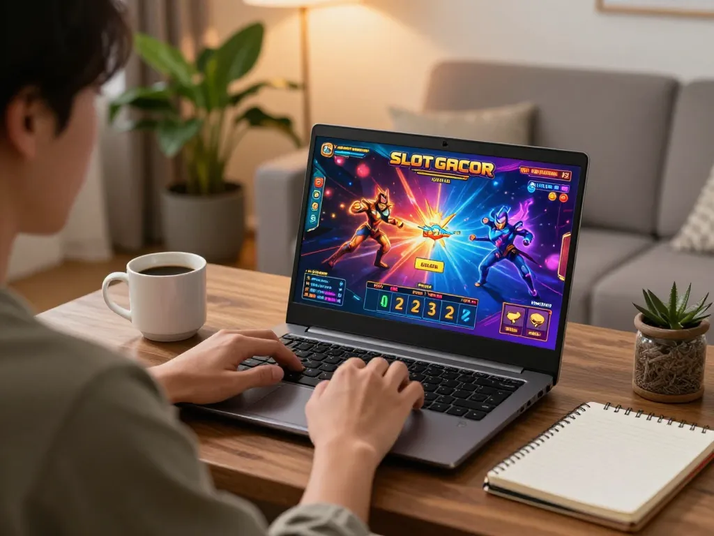 Memainkan permainan Slot Gacor secara online di setting rumah yang nyaman dengan visual yang cerah dan catatan strategis.