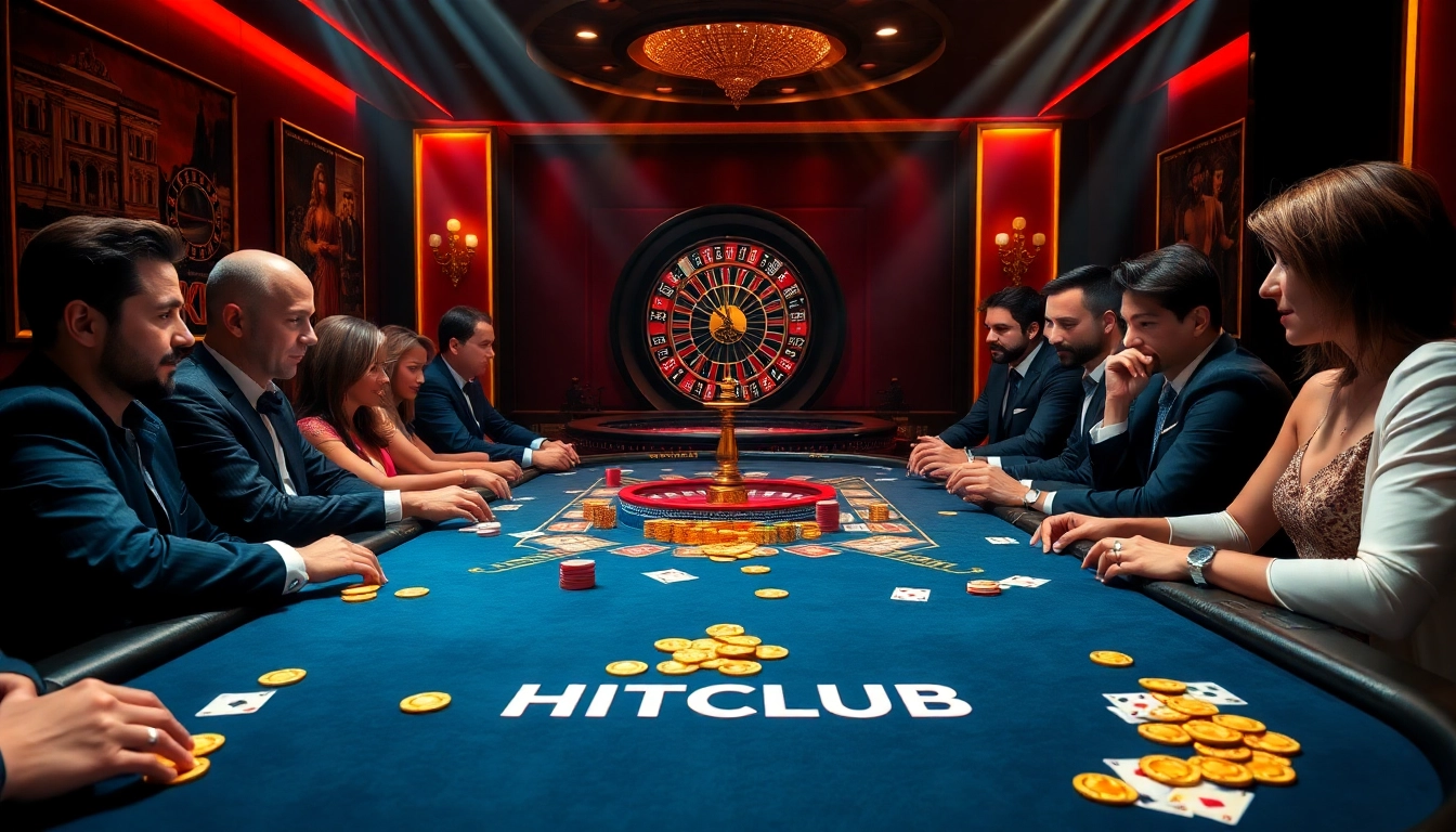 HITCLUB gaming table with players strategizing and vibrant chips.