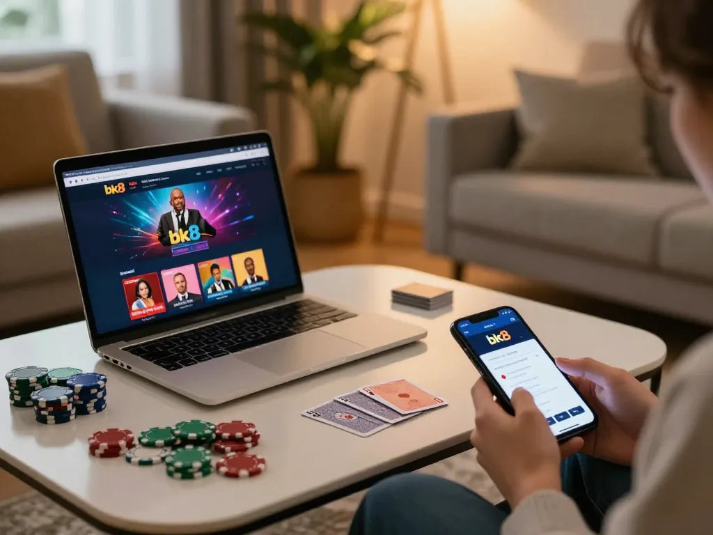 Engaging home gaming scene with bk8 interface displayed on laptop and poker chips