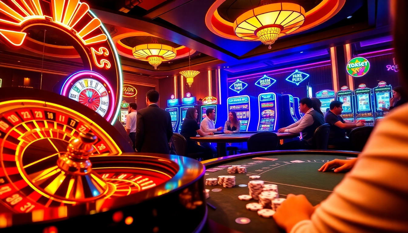 Casino excitement with players enjoying games at 12BET, featuring roulette and poker tables.