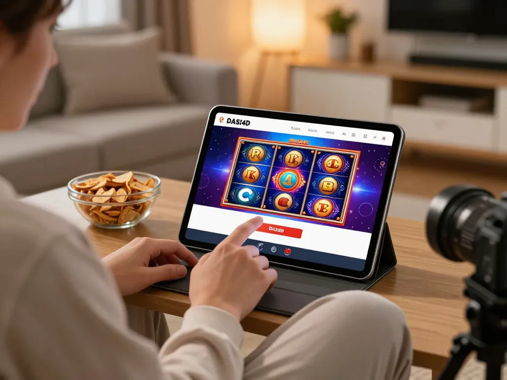 Login DASI4D untuk slot online ditampilkan di tablet dalam suasana rumah yang nyaman, menunjukkan permainan yang santai.