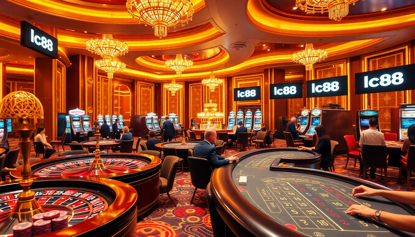 Experience vibrant casino excitement at lc88 with roulette wheels and poker chips.