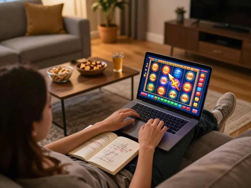 Pemain menikmati permainan slot online di aman788, memperlihatkan kegembiraan putaran menang di ruang tamu yang nyaman.