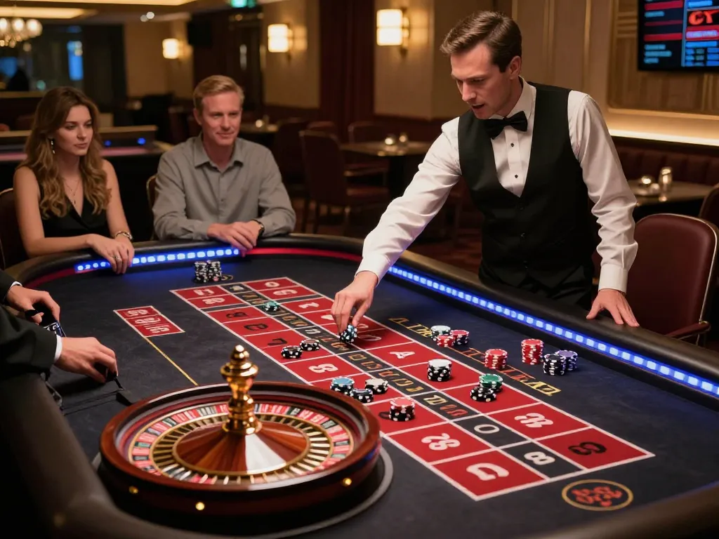 Experience the excitement at sky88 roulette table with players engaged and vibrant chips in action