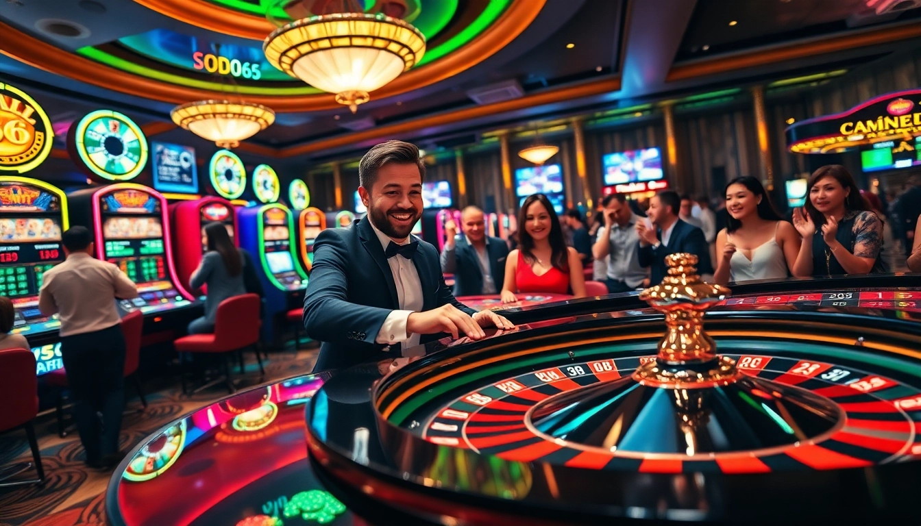 Experience the exciting atmosphere of SODO66 casino gaming with players and vibrant slot machines.