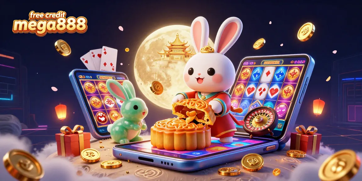 Win with free credit mega888 while the moon rabbit creates golden opportunities in an enchanting casino scene.