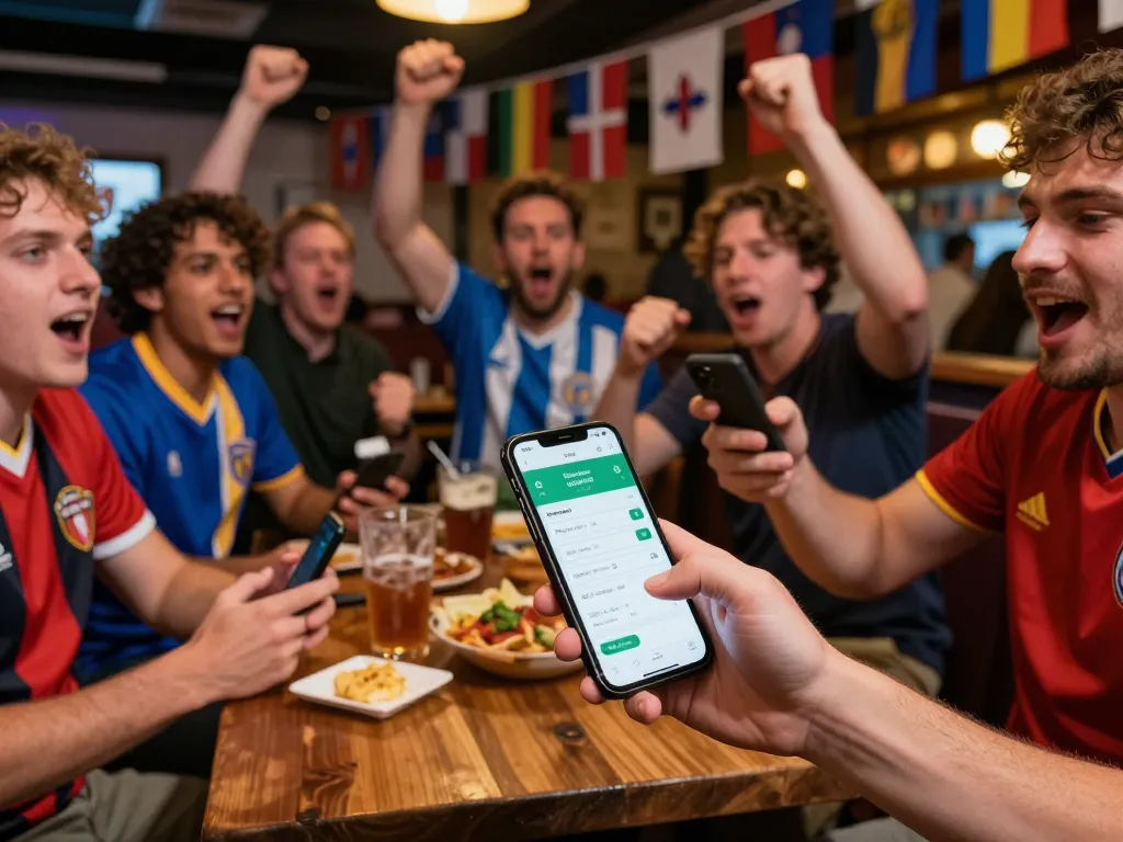 Fans engaging in nhà cái by placing bets on their smartphones at the sports bar