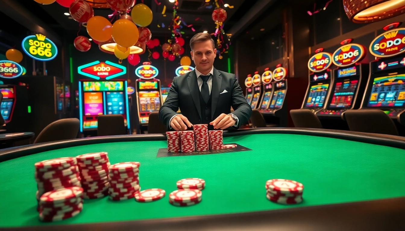 SODO66 casino scene with poker table, vibrant slot machines, and festive atmosphere