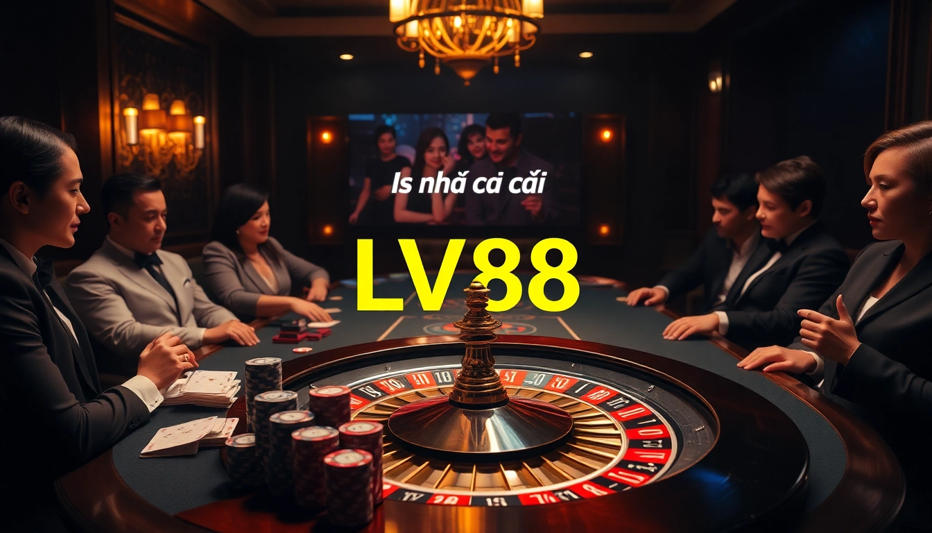 Experience the excitement at Nhà cái LV88 with professional poker players engaging at a luxurious table.
