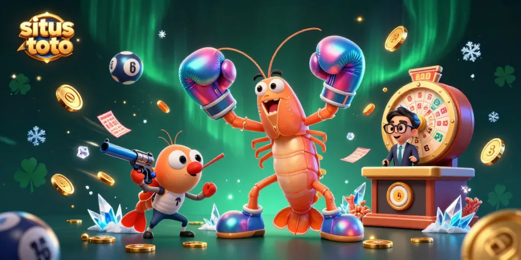 Mengakses situs toto untuk meraih jackpot dengan simbol lotere dan karakter kartun menyenangkan.