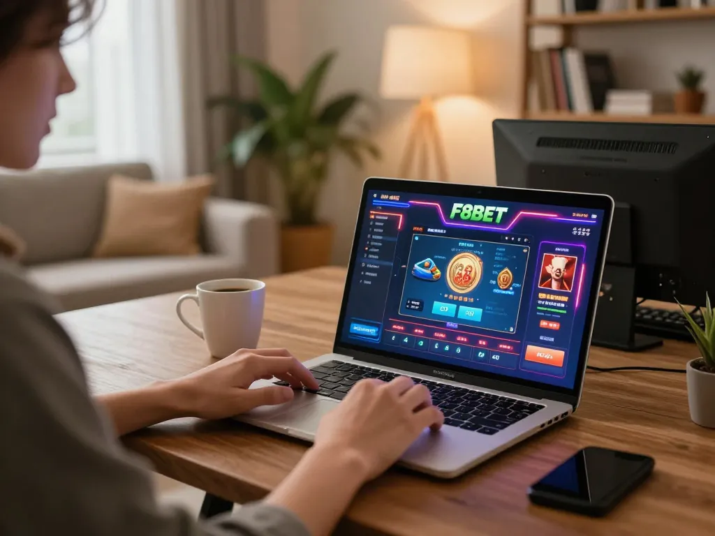 Engaging online gameplay at F8BET with cozy home setup and vibrant casino interface