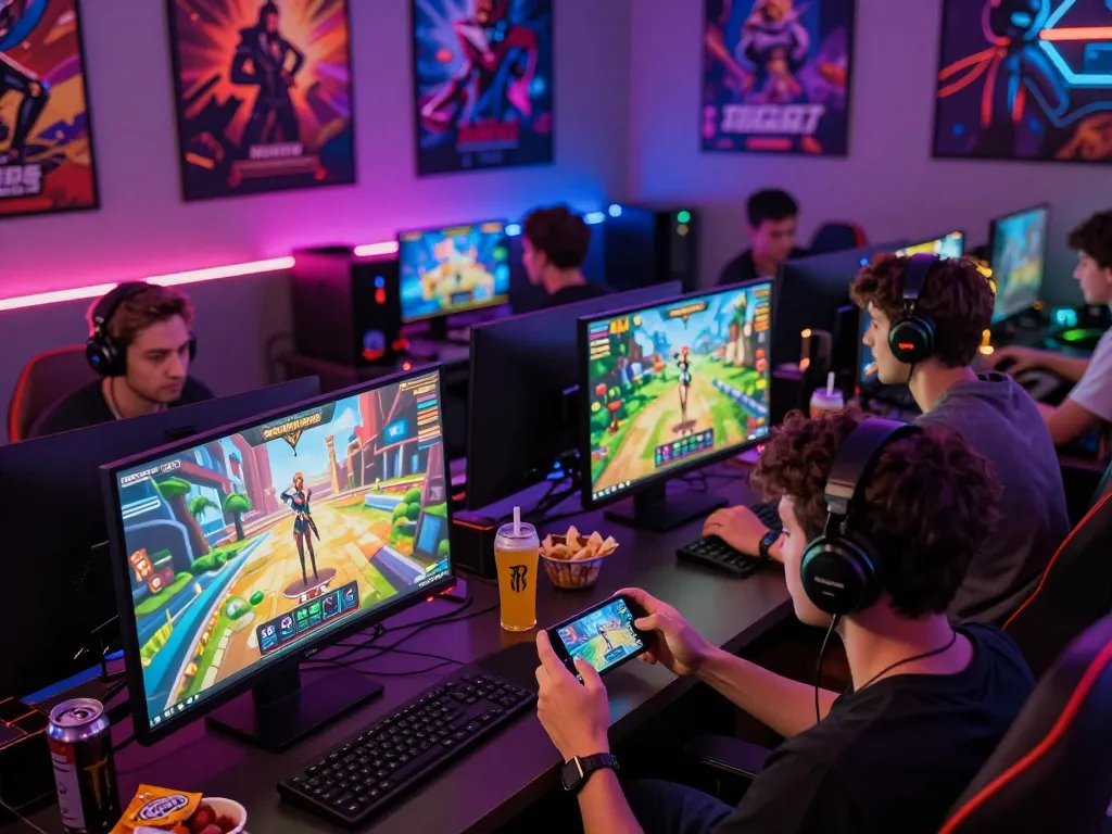 Engaging scene of adults playing porngames on various devices in a lively gaming space, showcasing interactive experiences.
