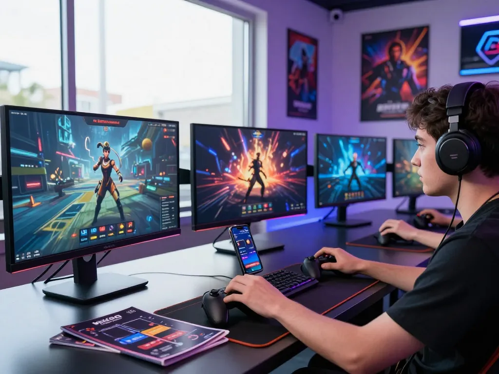 Engaging scene of a gamer using the đăng nhập nk88 app on a smartphone amidst a modern gaming setup.