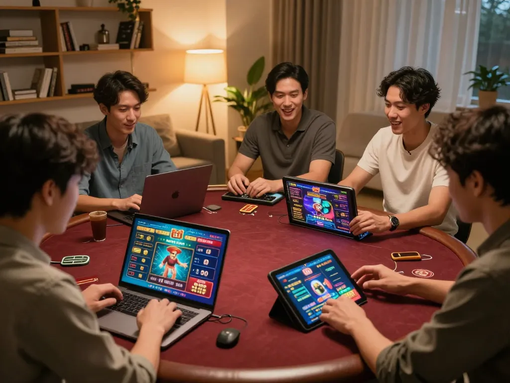 Engaged players enjoying kdtoto online gambling on modern devices in a cozy home setting