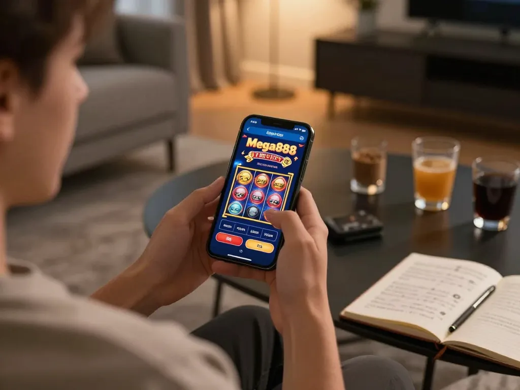 Mega888 secure download displayed on mobile device in a cozy home gaming setup