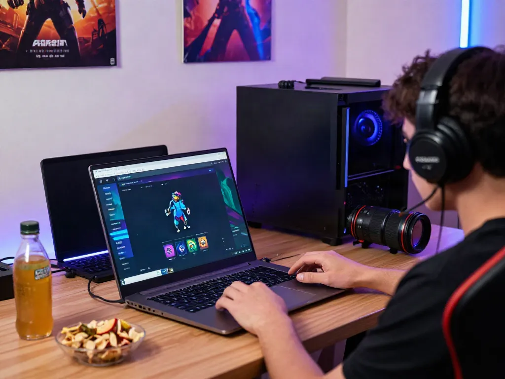 A80 gaming platform showcased on a laptop with a player engaged in energetic gameplay, modern setup with vibrant graphics.