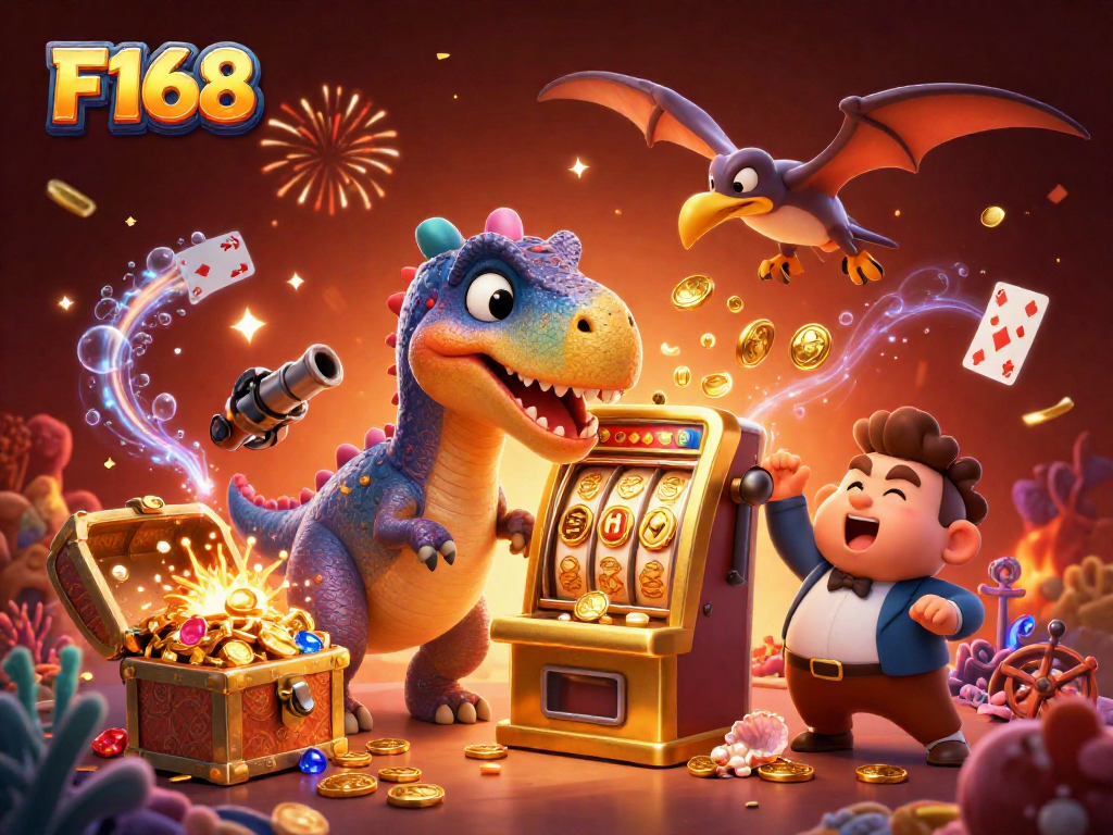 F168 slots feature a cartoon pachycephalosaurus hitting a jackpot slot machine, surrounded by flying coins.