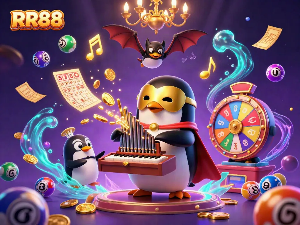 Engaging RR88 casino scene with a penguin playing an organ, showcasing vibrant lottery elements.