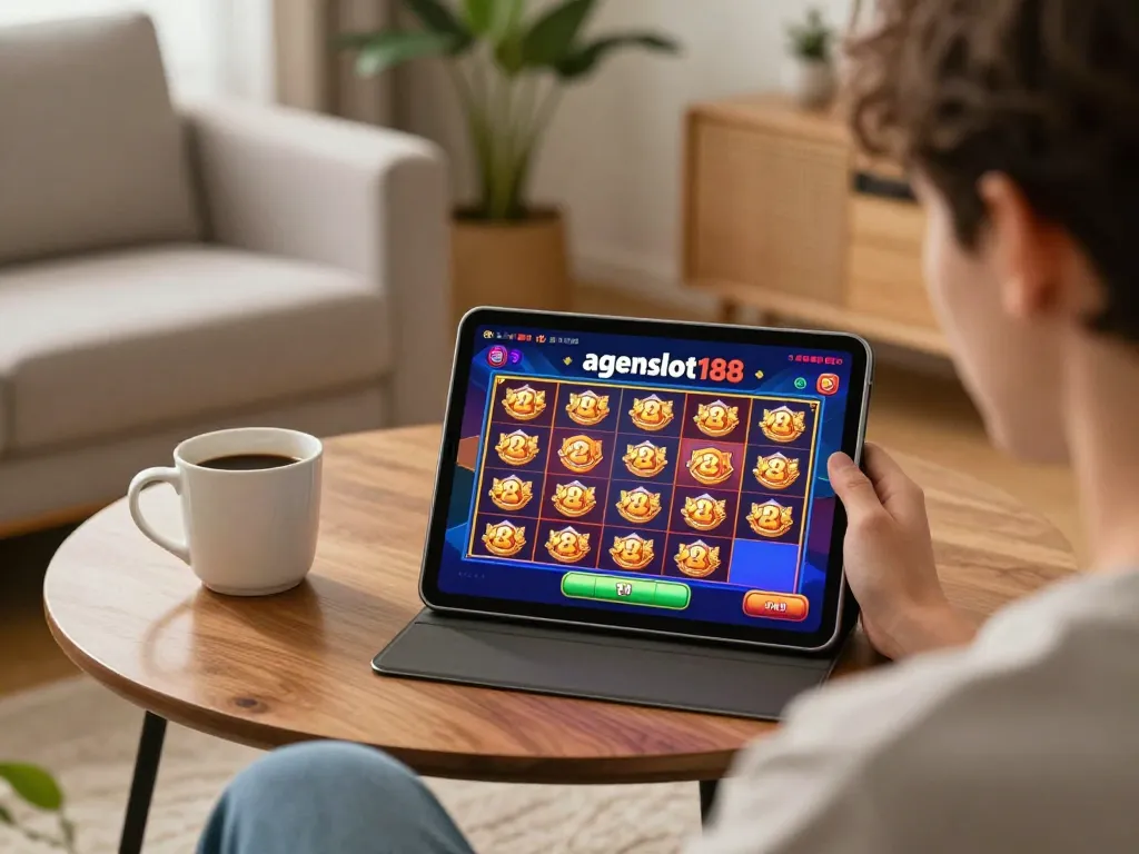 Player enjoying agenslot188 online slots in a cozy living room setting, emphasizing responsible gaming.