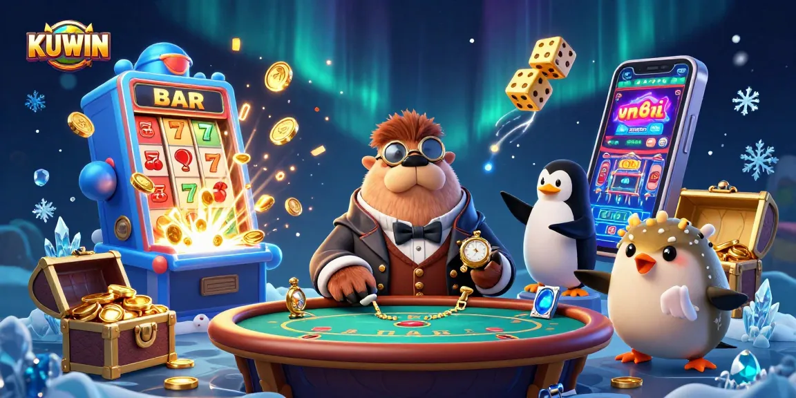 KUWIN offers vibrant underwater poker action featuring a walrus, penguin dealer, and pufferfish.