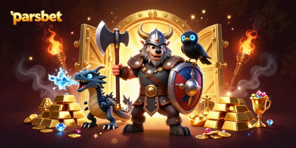parsbet ile güçlü bir Viking savaşçısının hazine dolu bir sahnede zafer kazandığı anı gösteren 3D illüstrasyon.
