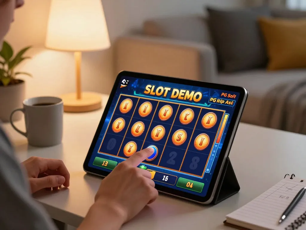 Mainkan Slot Demo PG Soft Mirip Asli di rumah saat sesi permainan online dengan tablet di tangan.