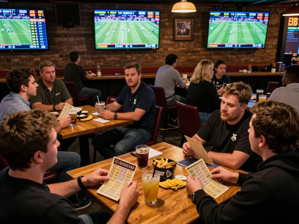 Engaged bettors strategizing sports bets while watching live games at a busy sports bar.
