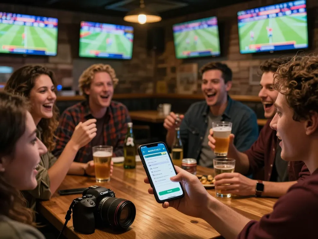 Bsport app displayed on smartphone as a person places bets in an exciting sports bar surrounded by friends.