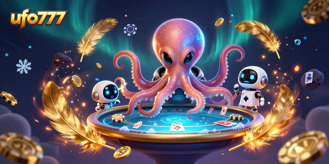 Aksi seru ufo777 dengan alien oktopus bermain poker di galaksi, diwarnai dengan koin emas dan efek asap.