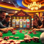 Players enjoying the bro138 slot experience at an upscale casino, surrounded by vibrant lights and thrilling action.